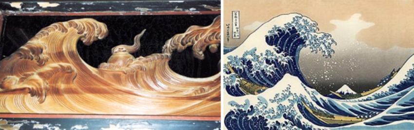 北斎の画風に影響を与えた伊八の「波に宝珠」 (左)と、北斎の富嶽三十六景～「神奈川沖浪裏」 (右)