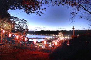 神社の石段から見る勝浦湾の夜景